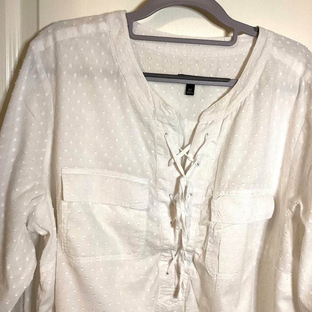 Talbots Women's White Cotton Long Roll up Sleeves Top Size 2X Lined Textured